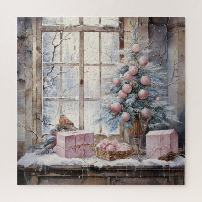 Watercolor Pink Shabby Chic Christmas Puzzle (Vertical)