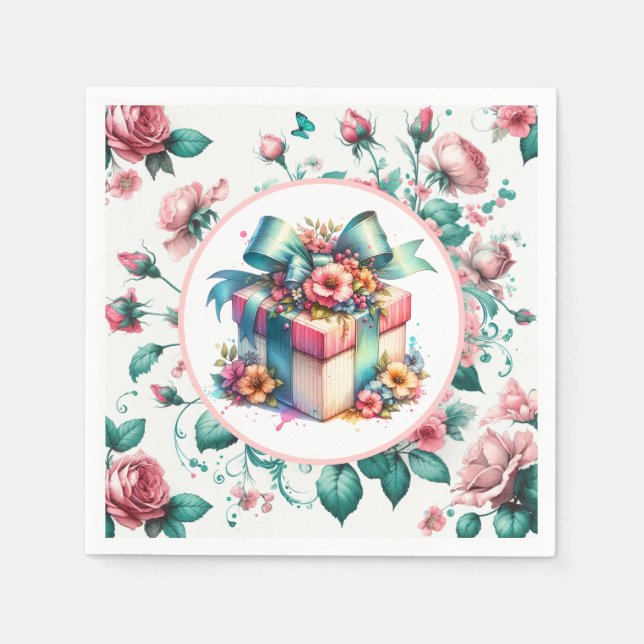 Watercolor Pink Shabby Chic Floral Birthday  Napkin (Front)