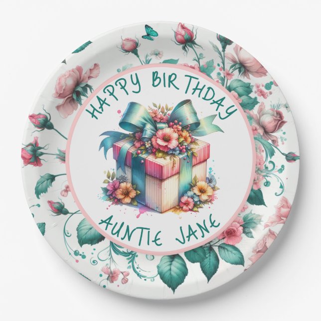 Watercolor Pink Shabby Chic Floral Personalized Paper Plate (Front)