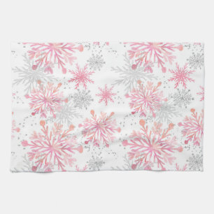 Watercolor Pink & Silver Glitter Winter Snowflakes Kitchen Towel