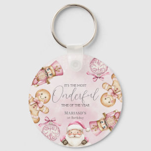 watercolor Pink snow 1st birthday Christmas  Keychain