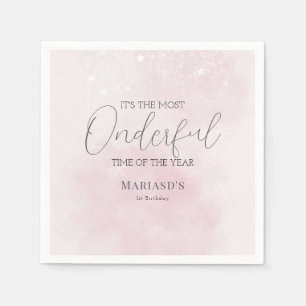 watercolor Pink snow 1st birthday Christmas Napkin