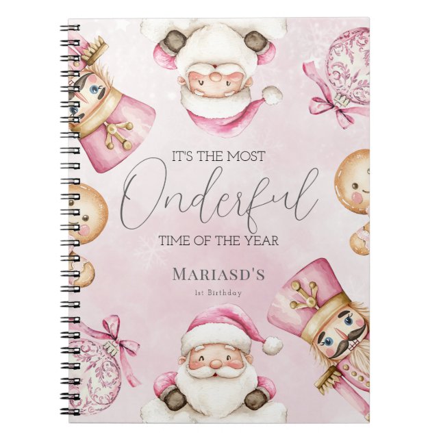 watercolor Pink snow 1st birthday Christmas  Notebook (Front)