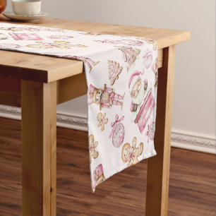 watercolor Pink snow 1st birthday Christmas Short Table Runner