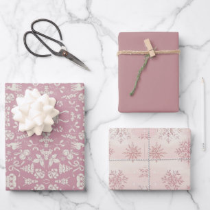 Watercolor Pink Snowflake Reindeer Tree Christmas Wrapping Paper Sheet