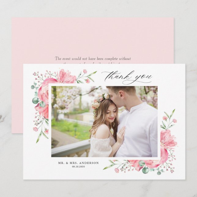 Watercolor Pink Spring Bouquet Wedding Photo Thank You Card (Front/Back)
