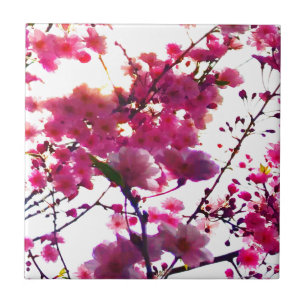 Watercolor pink spring floral Flowering tree Tile