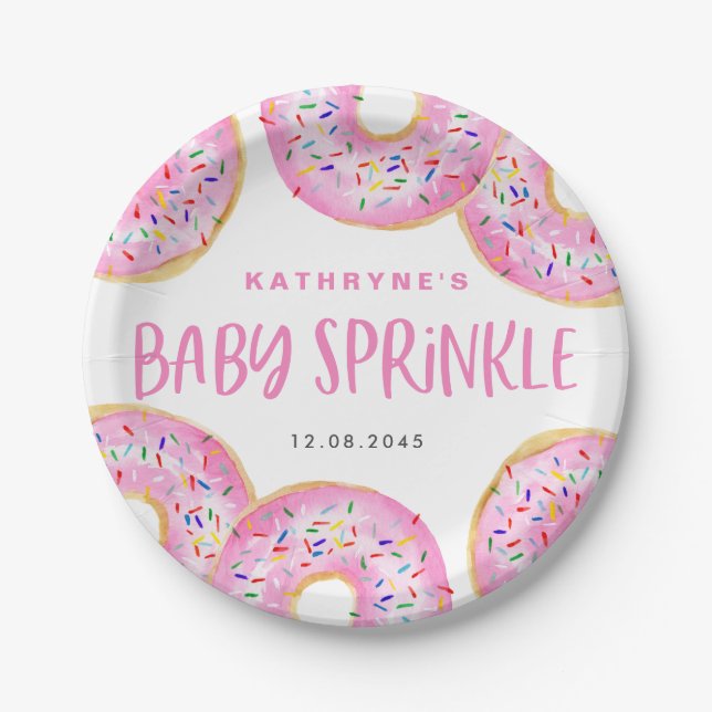 Watercolor Pink Sprinkle Doughnuts Baby Sprinkle Paper Plate (Front)