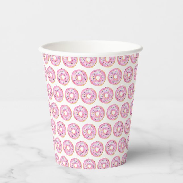 Watercolor Pink Sprinkle Doughnuts Pattern Birthda Paper Cups (Front)