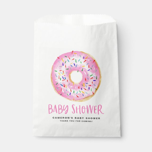 Watercolor Pink Sprinkle Glazed Doughnut Baby Show Favour Bag (Front)