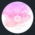 Watercolor Pink Star of David Bat Bar Mitzvah Classic Round Sticker<br><div class="desc">Add these gorgeous small round envelope sticker seals Jewish Bat Mitzvah to your invitations, envelopes, thank you cards or any other item such as thank you gifts or favours. Modern Trendy white script calligraphy letters design. Watercolor background in pink, violet, purple hues . You will surely impress everyone with these!...</div>