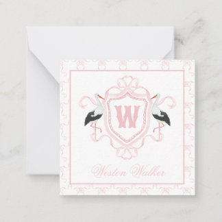 Watercolor Pink Stork Bow Monogram Crest Card