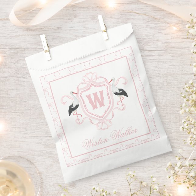 Watercolor Pink Stork Bow Monogram Crest Favour Bag (Clipped)