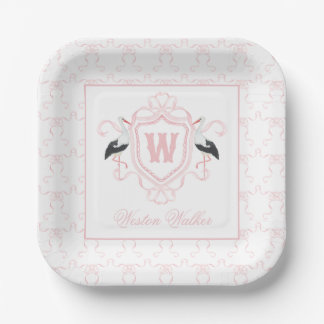 Watercolor Pink Stork Bow Monogram Crest Paper Plate