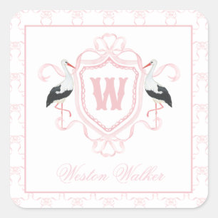 Watercolor Pink Stork Bow Monogram Crest Square Sticker