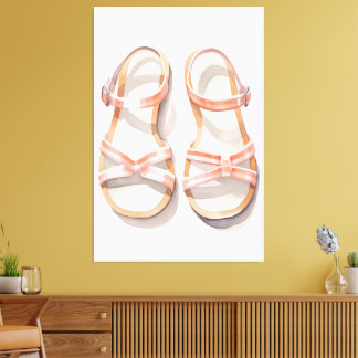 Watercolor Pink Striped Summer Sandals Art Canvas Print