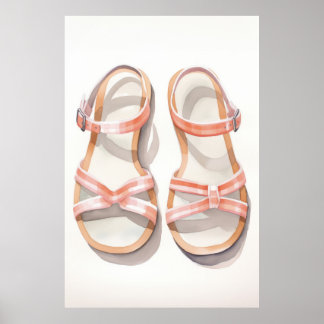 Watercolor Pink Striped Summer Sandals Art Poster