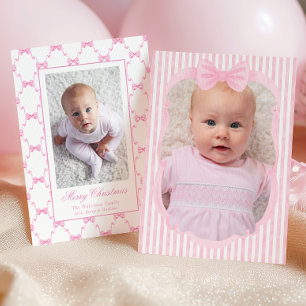 Watercolor Pink Stripes & Bows Photo Holiday Card