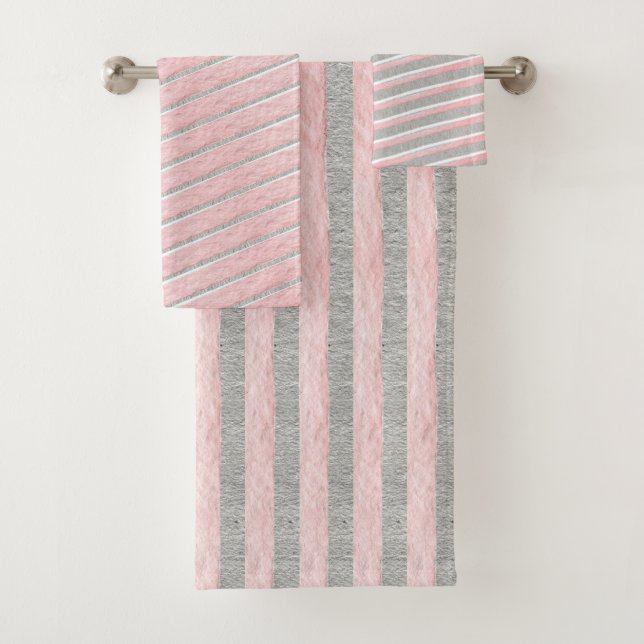 Watercolor Pink Stripes Design Bath Towel Set (Insitu)
