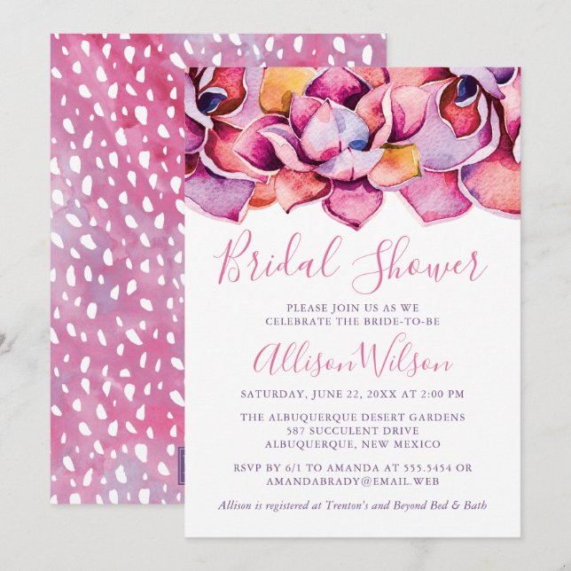 Watercolor Pink Succulents Bridal Shower Invitation (Front/Back)