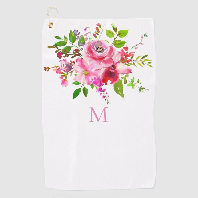 Watercolor Pink Summer Floral Monogram Golf Towel (Front)