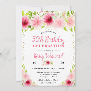 Watercolor Pink Summer Flowers 50th Birthday Invitation