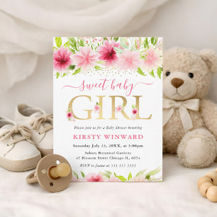 Watercolor Pink Summer Flowers Baby Shower Invitation