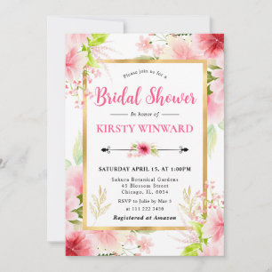 Watercolor Pink Summer Flowers Bridal Shower Invitation