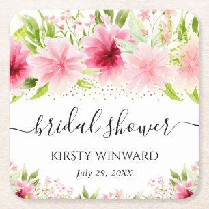 Watercolor Pink Summer Flowers Bridal Shower Square Paper Coaster