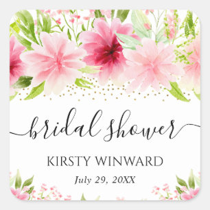 Watercolor Pink Summer Flowers Bridal Shower Square Sticker