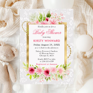 Watercolor Pink Summer Flowers Gold Baby Shower Invitation