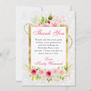 Watercolor Pink Summer Flowers Gold Birthday Thank You Card