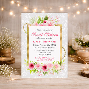 Watercolor Pink Summer Flowers Gold Foil Sweet 16 Invitation