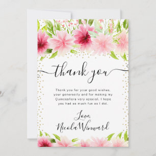 Watercolor Pink Summer Flowers Quinceanera Thank You Card