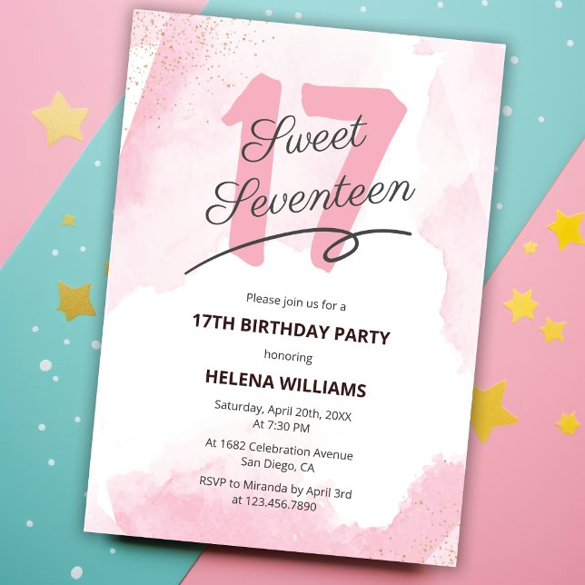 Watercolor Pink Sweet Seventeen 17th Birthday  Invitation (Creator Uploaded)