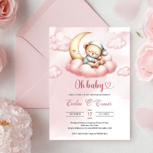 Watercolor pink teddy bear sleeping over the moon invitation