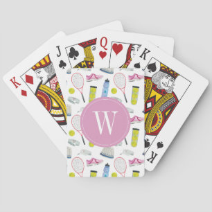 Watercolor Pink Tennis Pattern Monogram Playing Cards