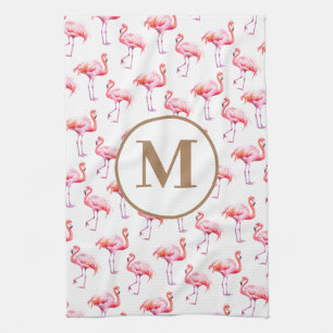 Watercolor Pink Tropical Flamingo Custom Monogram Kitchen Towel