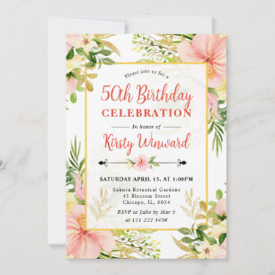 Watercolor Pink Tropical Flowers 50th Birthday Invitation