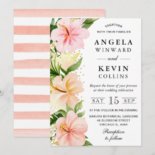 Watercolor Pink Tropical Flowers Wedding Invitation