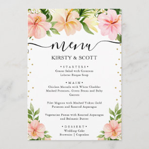 Watercolor Pink Tropical Flowers Wedding Menu