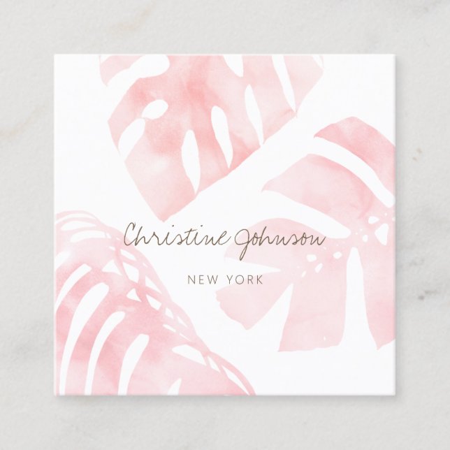 watercolor pink tropical leaves business card (Front)