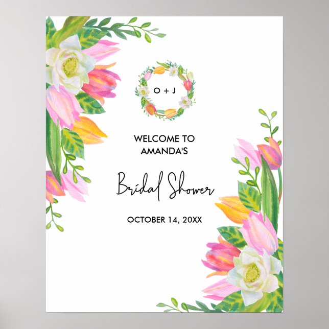 Watercolor Pink Tulip Bridal Shower Welcome Poster (Front)