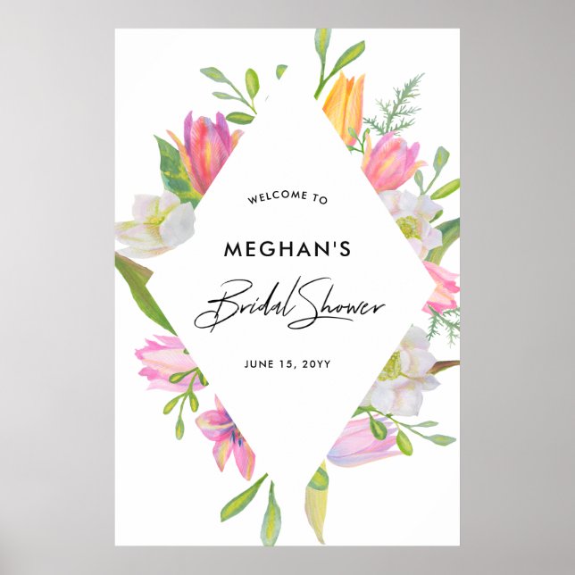 Watercolor Pink Tulip Bridal Shower Welcome Poster (Front)