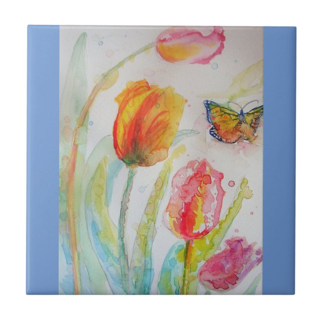 Watercolor Pink Tulip Floral flower Ceramic Tile (Front)