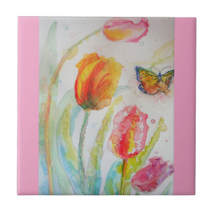 Watercolor Pink Tulip Floral flower Ceramic Tile