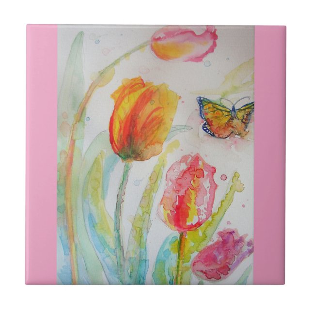 Watercolor Pink Tulip Floral flower Ceramic Tile (Front)