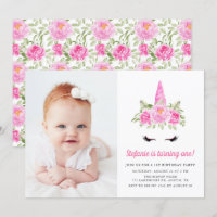 Watercolor Pink Unicorn Floral 1st Birthday Photo