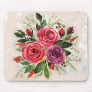 Watercolor pink violet roses flowers floral leaves mouse pad