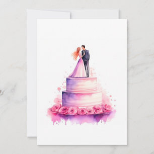Watercolor Pink Wedding Cake Couple Invitation